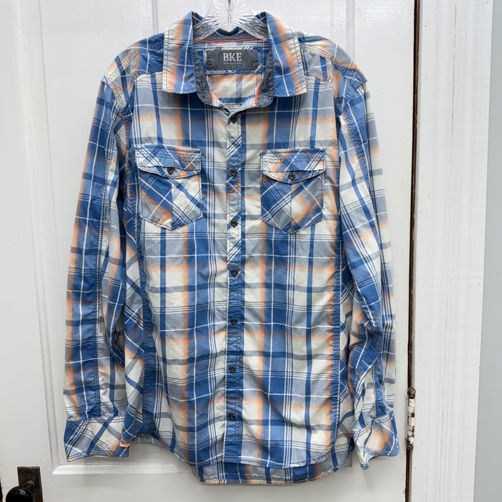 BKE Athletic Fit Long Sleeve Button Down Blue Peach Plaid Shirt Men's Large L